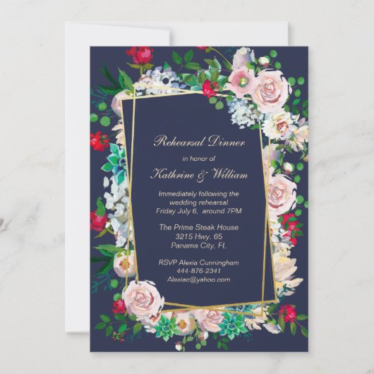 Hochzeitsessen mit blauen und blühenden Rahmen - P Einladung (Vorderseite)