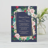 Hochzeitsessen mit blauen und blühenden Rahmen - P Einladung (Stehend Vorderseite)