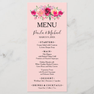 Hochzeitsessen mit floralfarbenem Wasser Menükarte