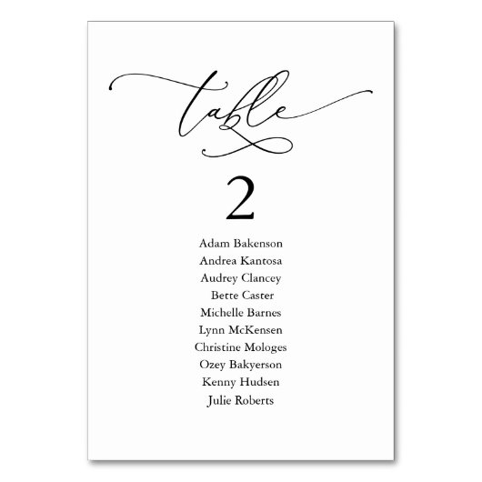 Hochzeitsessen, moderne Gästekarte und Tischnummer (Vorderseite)