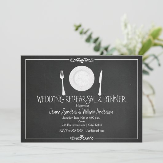 Hochzeitsessen Probe Chalkboard Vintag Einladung (Stehend Vorderseite)