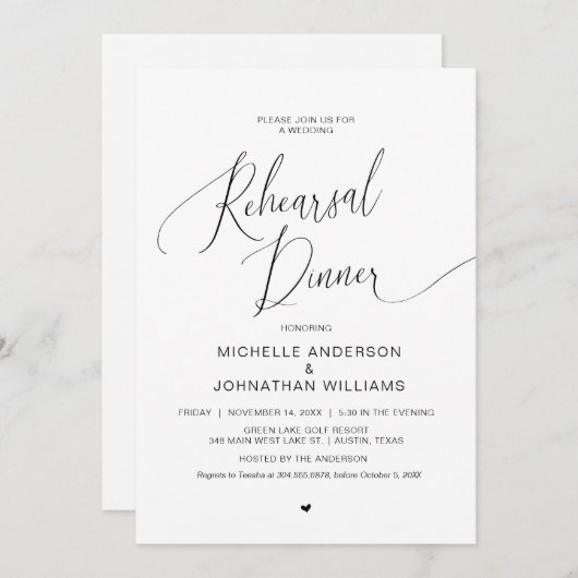 Hochzeitsessen Probe, einfaches, modernes Black In Einladung (Vorne/Hinten)