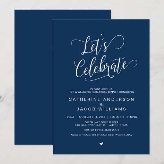 Hochzeitsessen Probe, einfaches Navy Blue Script Einladung (Vorne/Hinten)