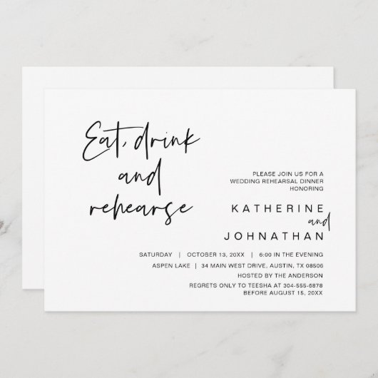 Hochzeitsessen, Probe essen, trinken und Rehearen Einladung (Vorne/Hinten)