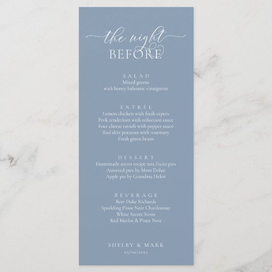 Hochzeitsessen Probe, romantisches Dusty Blue Menükarte (Vorderseite)