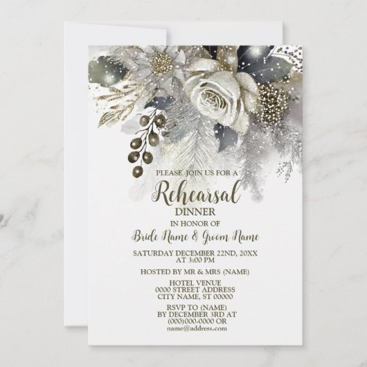 Hochzeitsessen Probe Silver Golden White Roses Einladung (Vorderseite)