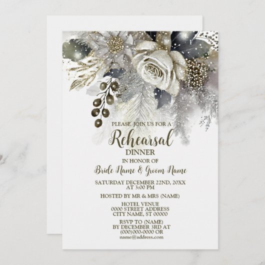 Hochzeitsessen Probe Silver Golden White Roses Einladung (Vorne/Hinten)