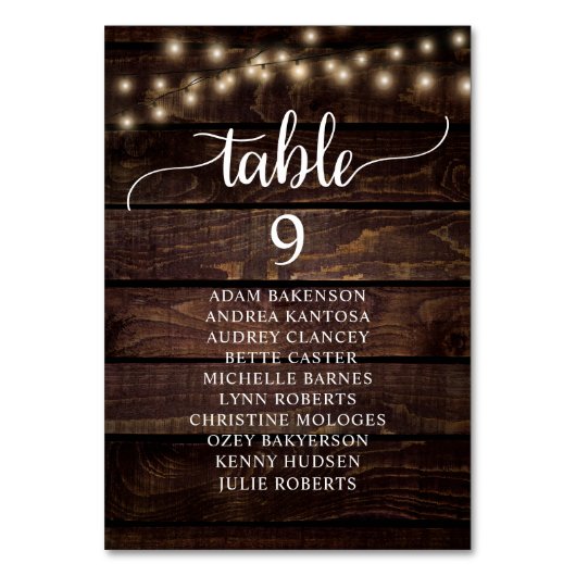 Hochzeitsessen, rustikale Gäste Sitzkarte Tischnummer (Vorderseite)