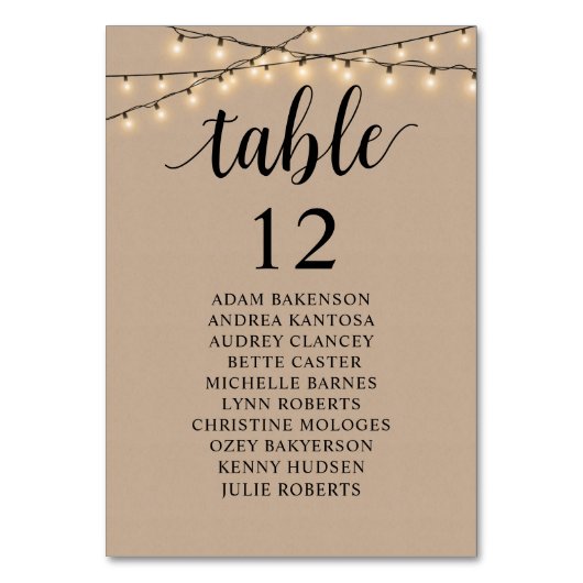 Hochzeitsessen, rustikale Gästekarte Tischnummer (Vorderseite)