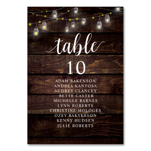 Hochzeitsessen, rustikale Gästekarte Tischnummer (Vorderseite)