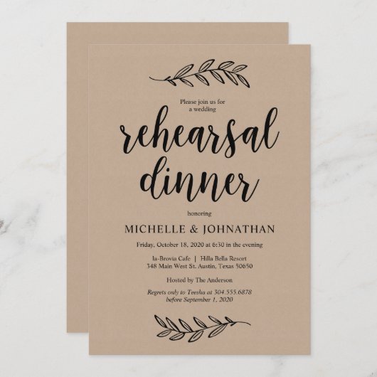 Hochzeitsessen, rustikale Probe, braune Kraft Einladung (Vorne/Hinten)