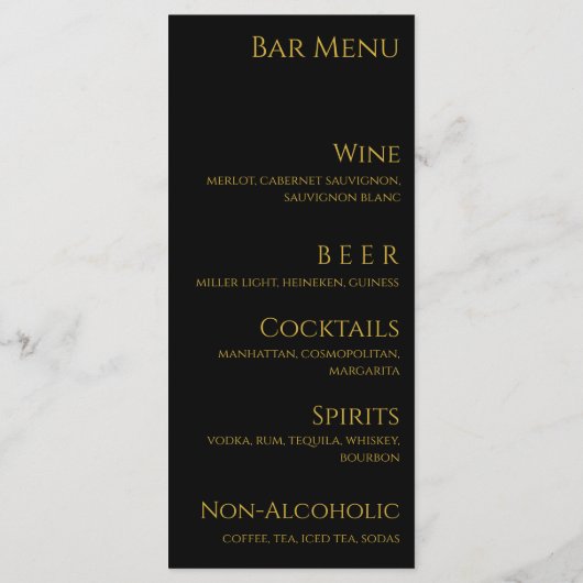 Hochzeitsessen und Bar Menu-Black und Gold- Menükarte (Rückseite)