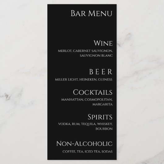 Hochzeitsessen und Bar Menu-Black und Weiß- Menükarte (Rückseite)