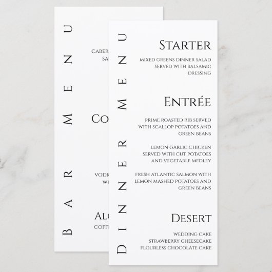 Hochzeitsessen und Bar Menu-Black und Weiß- Menükarte (Vorne/Hinten)