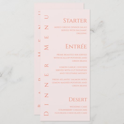 Hochzeitsessen und Bar Menu-Blush Menükarte (Vorne/Hinten)
