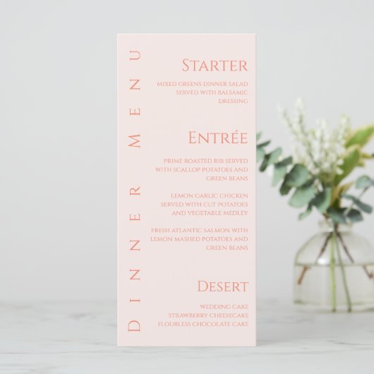 Hochzeitsessen und Bar Menu-Blush Menükarte (Stehend Vorderseite)