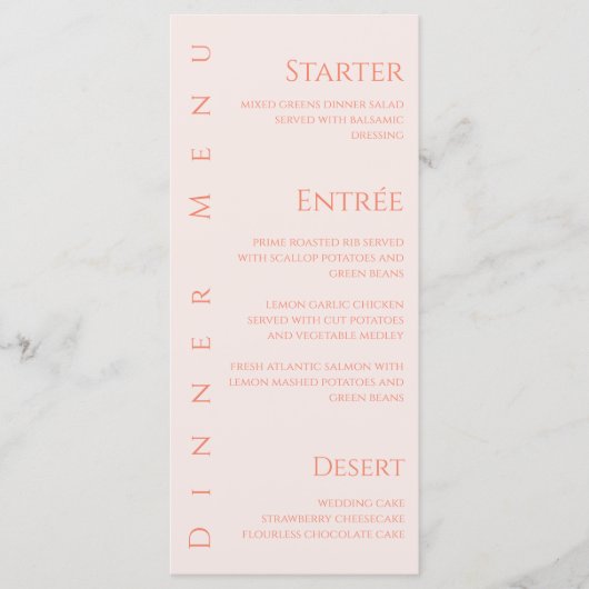 Hochzeitsessen und Bar Menu-Blush Menükarte (Vorderseite)