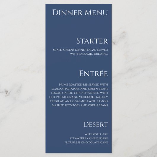 Hochzeitsessen und Bar Menu (dunkelblau und weiß) Menükarte (Vorderseite)