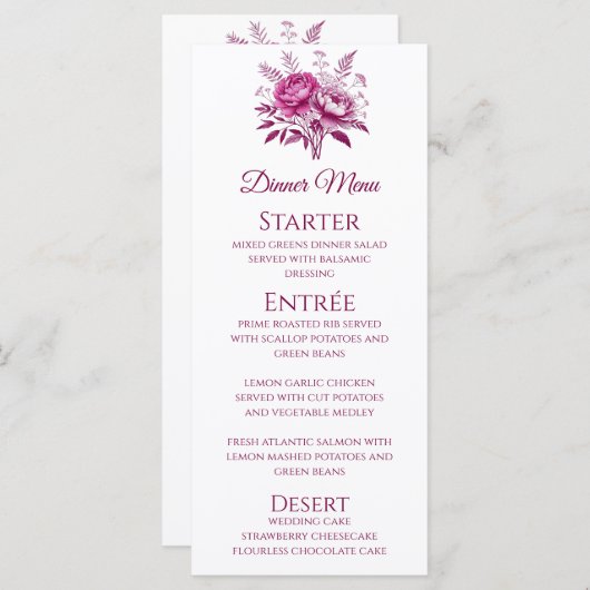Hochzeitsessen und Bar Menu-Magenta-Peony Menükarte (Vorne/Hinten)