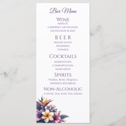 Hochzeitsessen und Bar Menu-Tropical Floral Menükarte (Rückseite)