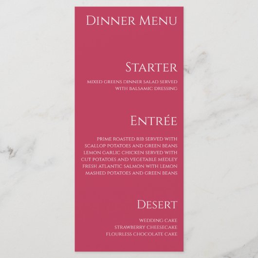 Hochzeitsessen und Bar Menu-Viva Magenta- Menükarte (Vorderseite)
