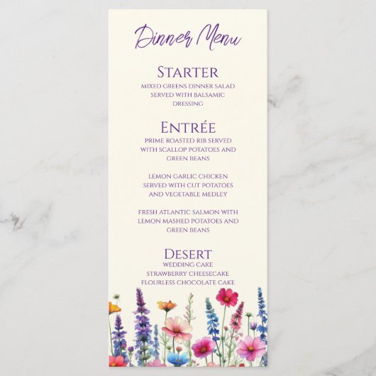 Hochzeitsessen und Bar Menu-Wildblume Menükarte (Vorderseite)