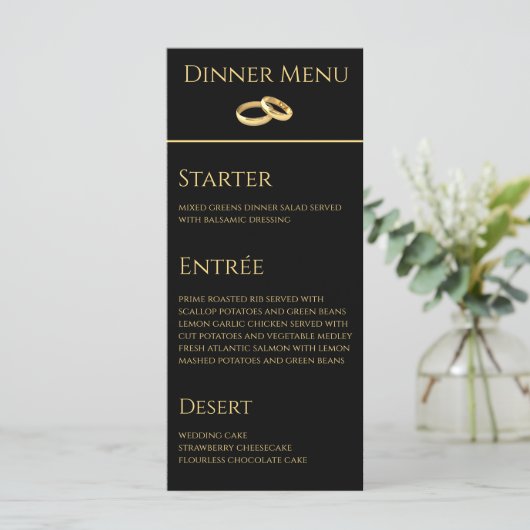 Hochzeitsessen und Drink Menü-Black and Gold- Menükarte (Stehend Vorderseite)