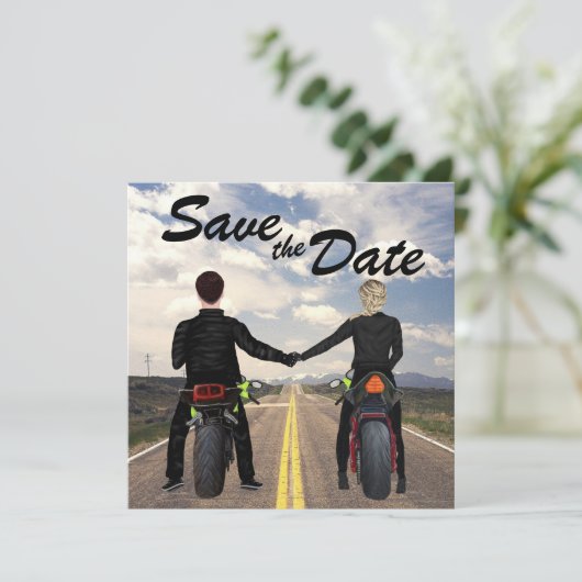 Hochzeitsfahrt mit Motorrädern Save The Date (Stehend Vorderseite)