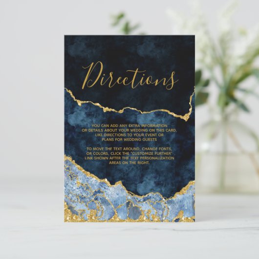 Hochzeitsfahrten von Navy Blue Gold Foil Agate Begleitkarte (Stehend Vorderseite)