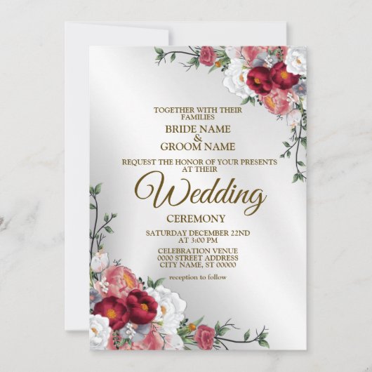 Hochzeitsfarben Rot Weiße Blüte Silber Elegant Einladung (Vorderseite)