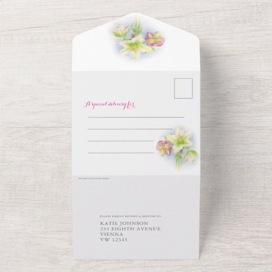 Hochzeitsfeder-Hellebore-Aquarellmahlzeit UAWG All In One Einladung (Außenbereich)