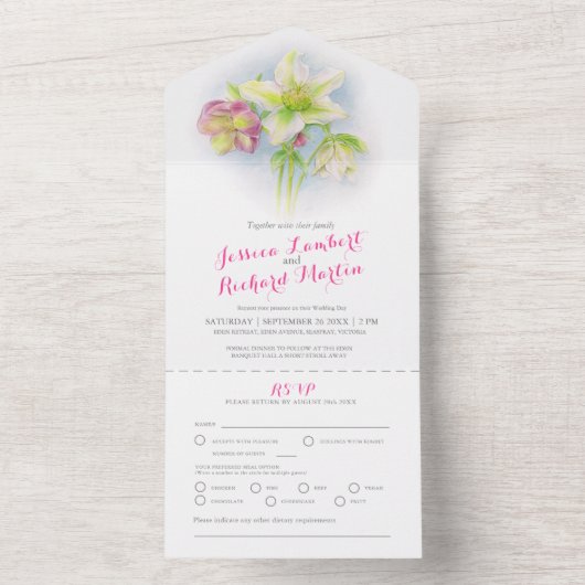 Hochzeitsfeder-Hellebore-Aquarellmahlzeit UAWG All In One Einladung (Innen Boden)