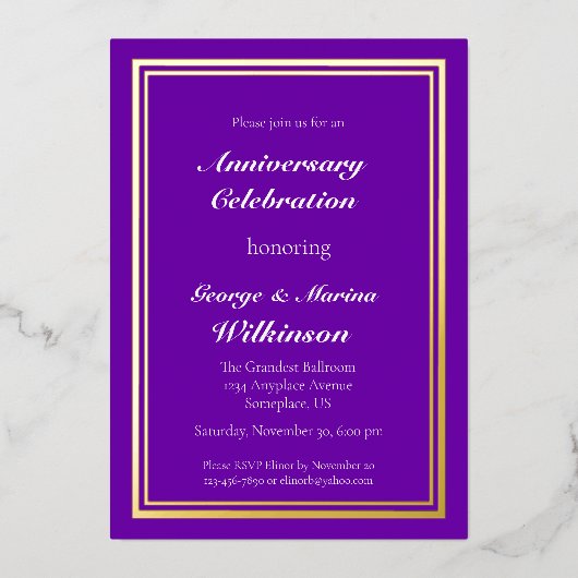 Hochzeitsfeier 50. lila folieneinladung (Vorderseite)
