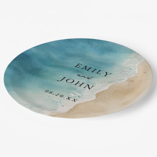 Hochzeitsfeier am Blue Ocean Sand Beach Pappteller (Schrägansicht)