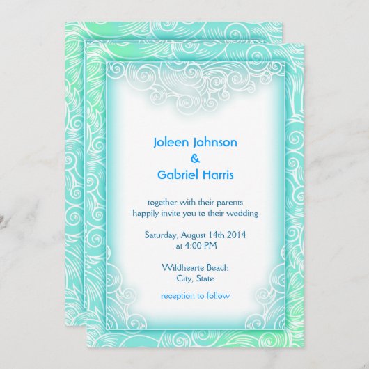 Hochzeitsfeier am Strand mit Meerwasser-Minze und Einladung (Vorne/Hinten)