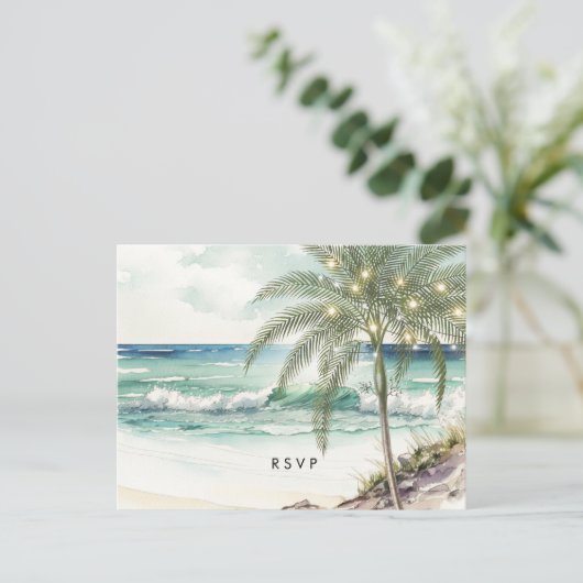 Hochzeitsfeier am Strand mit tropischen Palmen - u Einladungspostkarte (Stehend Vorderseite)