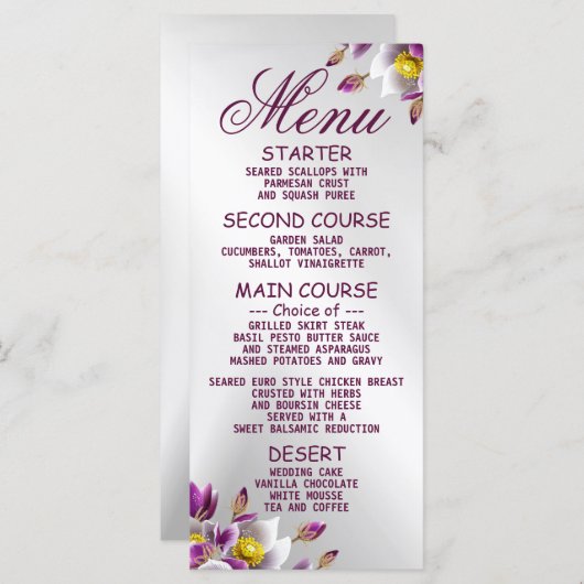 Hochzeitsfeier Blumenrosa Lila Silberfest Menükarte (Vorne/Hinten)