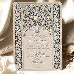Hochzeitsfeier der Marine und der Cream Islamic La Einladung<br><div class="desc">Diese raffinierte Hochzeitseinladung verbindet die zeitlose Eleganz von Marineblau mit der weichen Creme, die durch ein exquisites islamisches Spitzendesign präsentiert wird. Die Einladung zeigt einen detaillierten marineblauen Hintergrund mit cremefarbenen Spitzentypen, der die aufwändige Kunst der traditionellen islamischen Motive widerspiegelt. Das architektonische Bogendesign oben auf der Vorderseite bildet einen eleganten Rahmen...</div>
