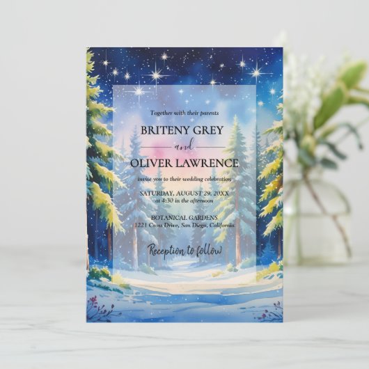 Hochzeitsfeier des Wasserfarbenwaldes mit Schneeba Einladung (Stehend Vorderseite)