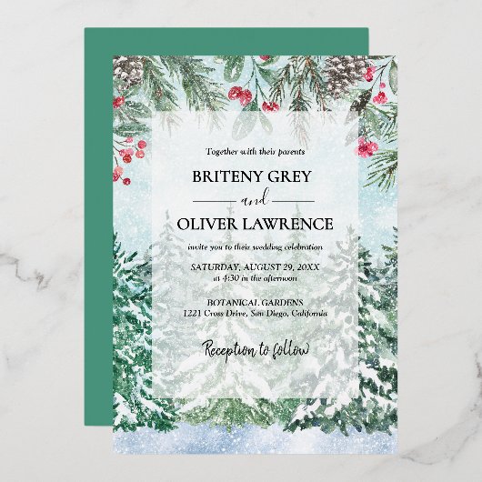 Hochzeitsfeier des Wasserfarbenwaldes mit Schneeba Folieneinladung (Vorderseite/Rückseite)