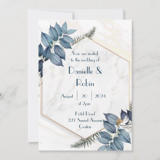 Hochzeitsfeier Einladung Blätter Marmorhexagon (Vorderseite)