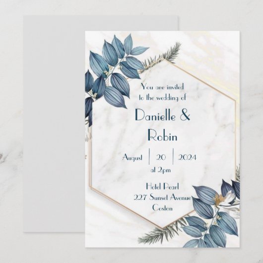 Hochzeitsfeier Einladung Blätter Marmorhexagon (Vorne/Hinten)