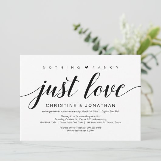 Hochzeitsfeier, elegantes schwarzes Script Einladung (Stehend Vorderseite)