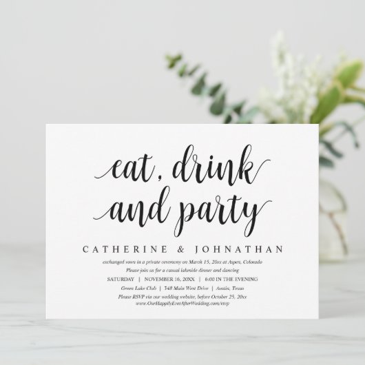Hochzeitsfeier, Essen, Trinken und Party Einladung (Stehend Vorderseite)