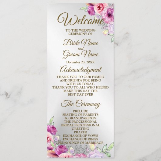 Hochzeitsfeier Farbenfroh Rosa Blütengolden Programm (Vorderseite)
