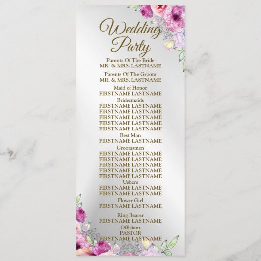 Hochzeitsfeier Farbenfroh Rosa Blütengolden Programm (Rückseite)