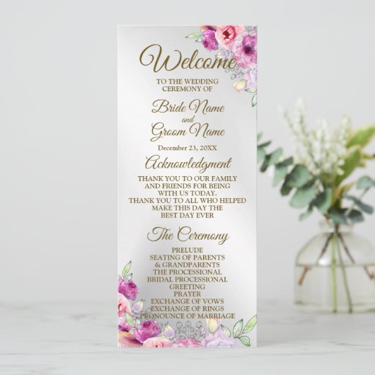 Hochzeitsfeier Farbenfroh Rosa Blütengolden Programm (Stehend Vorderseite)