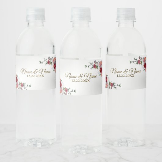 Hochzeitsfeier Farbenfrohe Rote Blüte Silber Elega Wasserflaschenetikett (Flaschen)