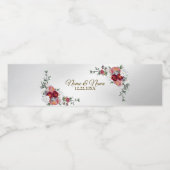 Hochzeitsfeier Farbenfrohe Rote Blüte Silber Elega Wasserflaschenetikett (Einzelnes Label)