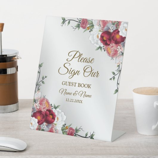 Hochzeitsfeier Farbenfrohe Rote Blütensilber Sockelschild (In SItu)